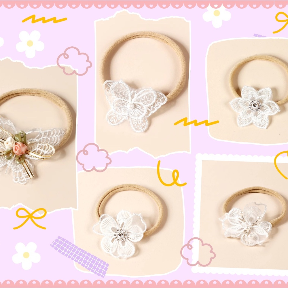 SET of 5-Baby Girls Embroidered Hair Band-Soft White Florals Lace Nylon Headband